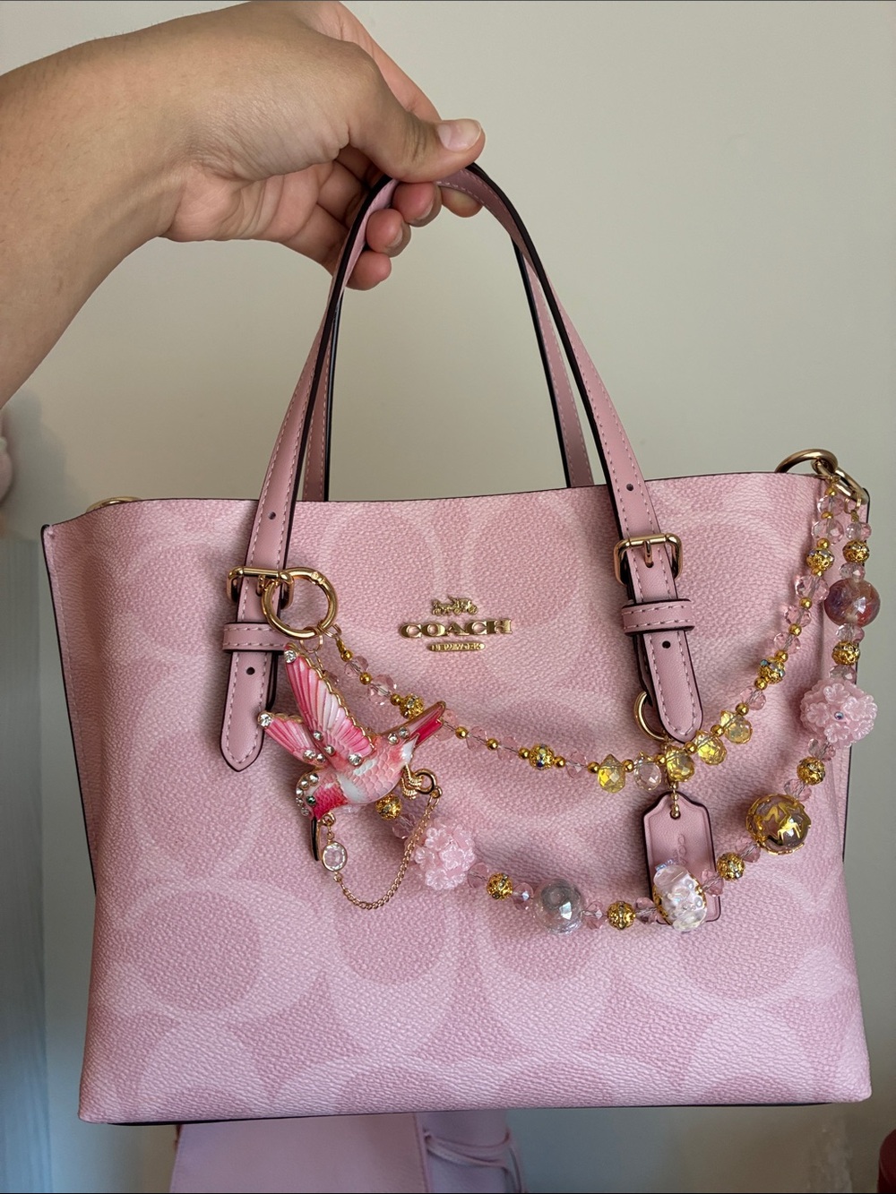 Pink Hummingbird Beaded Statement Bag Chain